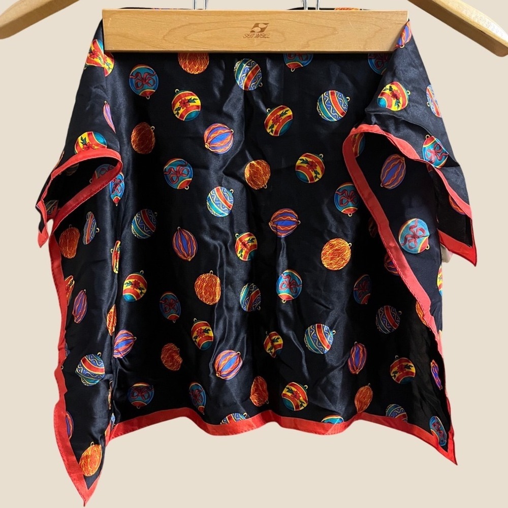 Coldwater Creek Ornament Neckerchief Women OS Black Silk Holiday Scarf H90189